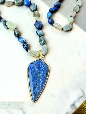 Lapis Lazuli Shield Pendant Natural Labradorite & Persian Agate Necklace 32”